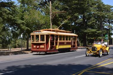 Digital Image of two 1916 vehicles - Tram 26 and Talbot Roadster