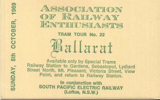 Ticket for Special tram tour Ballarat - 5-10-1968