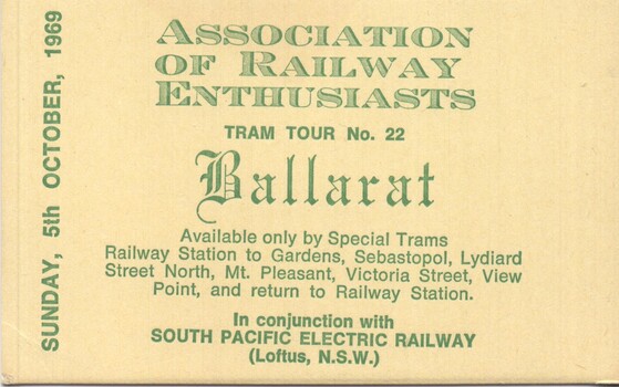 Ticket for Special tram tour Ballarat - 5-10-1969