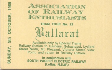 Ticket for Special tram tour Ballarat - 5-10-1969