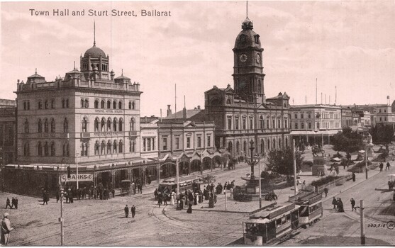 Black and white version of "Town Hall and Sturt St Ballarat", postcard