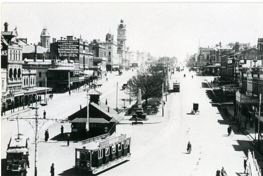 Photograph from a postcard - Black and White - ESCo trams at Grenville St