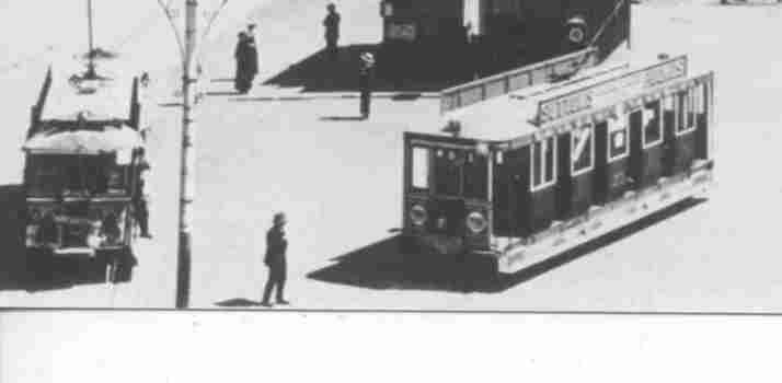 Photograph from a postcard - Black and White - ESCo trams at Grenville St - close up of the two trams