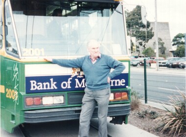 Ian Stanley at East Burwood terminus leaning on tram B1 2001
