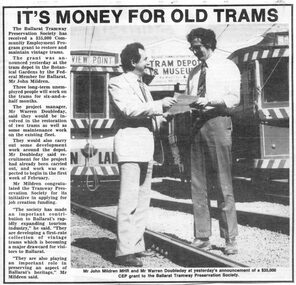 Digital image of a newespaper cutting titled "It's money for old trams"
