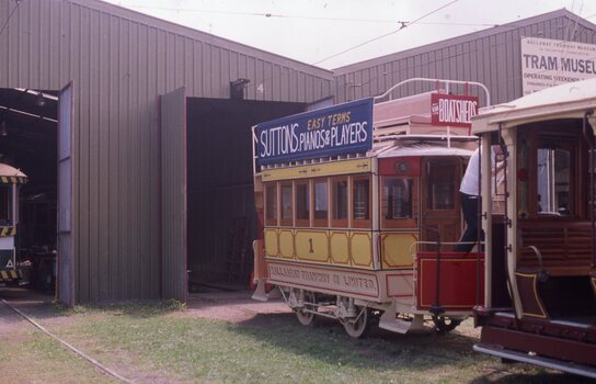 Horse tram at depot.