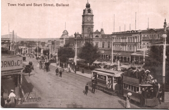 Black and white postcard - Sturt St and horse tram trailer