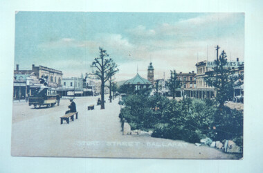 Copy photograph of a postcard showing a horse tram in Sturt Street Ballarat.