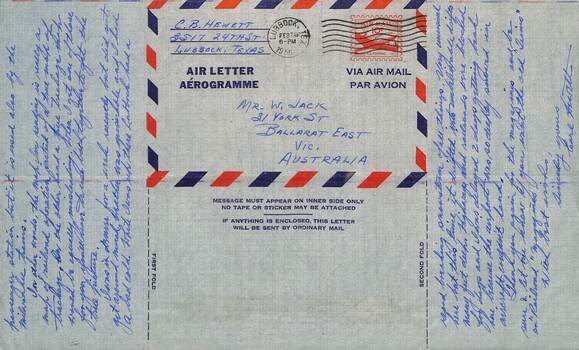 Letter from from C B Hewett of Texas to Wal Jack - p1