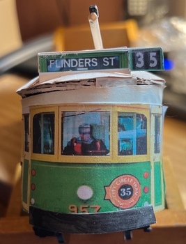 Model - cardboard - of Melbourne City Circle car SW6 957 - end view.