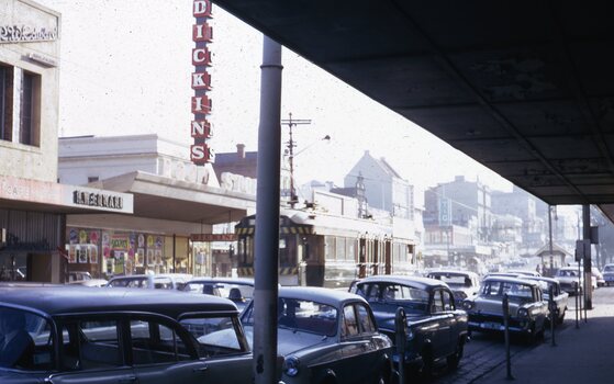 Bogie tram westbound in Bridge St, near Grenville St.