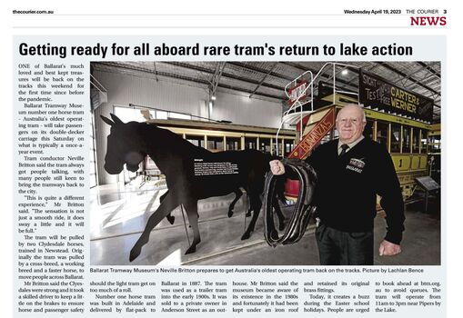 Courier Newspaper cutting - "Getting ready for all aboard rare tram's return to Lake Wendouree" 19-4-2023