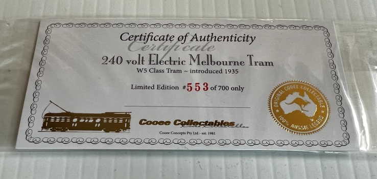Model Melbourne tram and presentation case - certificate