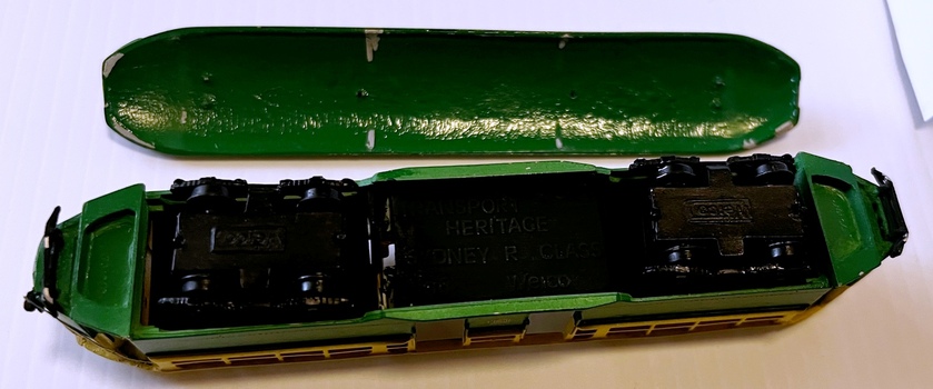 Model Sydney R class tram No. 1911 - showing underside of model and roof.