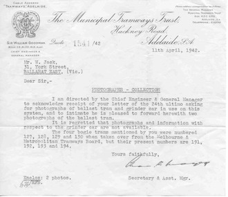 Administrative record - Letter and Envelope, Metropolitan Transport Trust, Letter to W Jack from MTT  11/4/1942, Apr. 1942