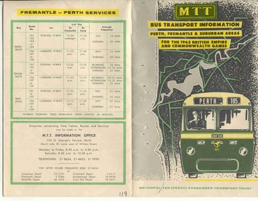 Ephemera - Timetable and map, MTT Perth, "MTT Bus Transport Information 1962" - Perth, 1962