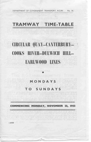 Ephemera - Timetable, Dept of Government Transport - NSW, Sydney Tramway Timetable - 1953 Sydney, 1953 and 1954