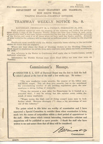 Ephemera, Dept of Road Transport and Tramways and  NSW - Traffic Branch and  Tramway Division, "NSWGT Tramways Weekly Notice, No. 8, 1950", 16/02/1950 12:00:00 AM