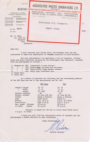 Document - Letter/s, Birmingham City Transport, Birmingham Fleet, 1947