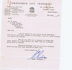 Document - Letter/s, Birmingham City Transport, Birmingham Tram, Jun. 1947