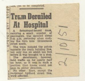 Newspaper, The Courier Ballarat, "Tram Derailed At Hospital", 2/10/1951 12:00:00 AM