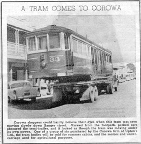 Newspaper, ex VR tram, Corowa 3/1959, Mar. 1959
