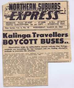 Newspaper, Northern Suburbs Express, "Kalinga Travellers boycott buses", Mar. 1963