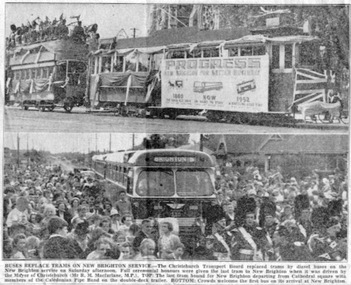 Newspaper, The Press, "Buses replace trams on New Brighton Service", Oct. 1952