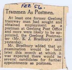Newspaper, Geelong Advertiser, "Trammen as Postmen", Feb. 1956