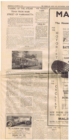 Newspaper, Cumberland Argus and Fruit growers Advocate, "Passing of the Steam tram from the main street of Parramatta", Oct. 1938