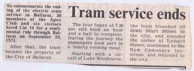 Newspaper, Ballarat News, "Tram Service Ends", 1981?