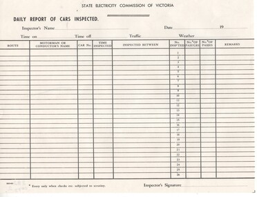 Document - Form/s, State Electricity Commission of Victoria (SECV), "Daily Report of Cars Inspected", 1960?