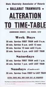 Poster, State Electricity Commission of Victoria (SEC), "Alteration to Timetables, 16 March 1970", Mar. 1970