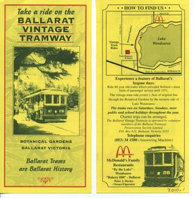 Pamphlet, Ballarat Tramway Preservation Society(BTPS) and   Ballarat Tramway Museum, Ballarat Vintage Tramway, 1994