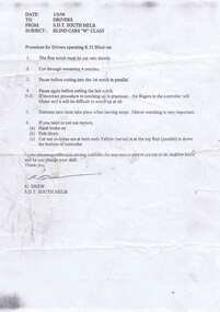 Document - Instruction, M.Drew and  Senior Driver Trainer and  South Melb. Depot, "Instruction re Blind cars, W class", 1/03/1996 12:00:00 AM