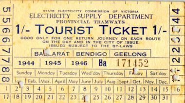 Ephemera - Ticket/s, State Electricity Commission of Victoria (SEC), Tourist Ticket SEC 1/, c1944