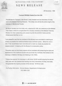 Document - Press Release, Ministry for Transport Office staff - Simone Gandur, Transport Minister Hands over 2km Gift, 25/11/1996 12:00:00 AM