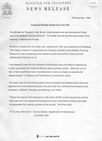 Document - Press Release, Ministry for Transport Office staff - Simone Gandur, Transport Minister Hands over 2km Gift, 25/11/1996 12:00:00 AM
