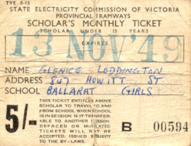 Ephemera - Ticket/s, State Electricity Commission of Victoria (SECV), 5/. Scholar's Monthly Ticket, c1949