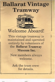 Poster, Ballarat Tramway Preservation Society (BTPS), Ballarat Vintage Tramway  'Welcome Aboard', c1980