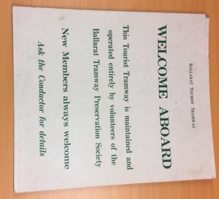 Poster, Ballarat Tramway Preservation Society(BTPS) and   Geoff Dean, Ballarat Vintage Tramway  'Welcome Aboard', c1975