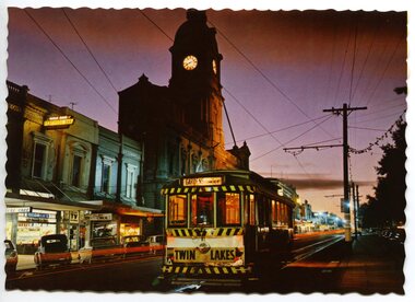 Postcard, Nu-Color-Vue Productions Pty Ltd, Ballarat tram No. 11 at dusk