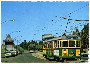 Postcard, Nu-color-vue or Nucolorvue Productions, MMTB tram No. SW5 834 southbound in St Kilda Road