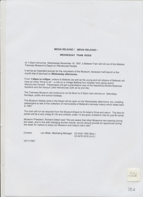 Document - Press Release, Len Millar, Media Release - Wednesday Tram Rides - 18/11/1997, Jan. 1998