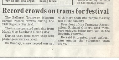 Newspaper, The Courier Ballarat, "Record crowds on trams for festival", 17/03/1998 12:00:00 AM