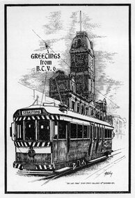 Drawing - Illustration/s, Gordon Thurling, B&W drawing of tram 39 and Ballarat Town Hall, 1971