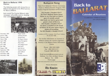 Pamphlet, Ballarat Visitor Information Centre, "Back to Ballarat: Calendar of Reunions - a celebration of Ballarat's History and Cultural Identity, mid 1997