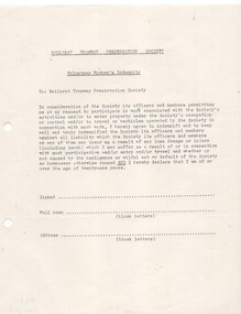 Document - Form/s, Ballarat Tramway Preservation Society (BTPS), "Ballarat Tramway Preservation Society - Volunteers Worker's Indemnity", c1971