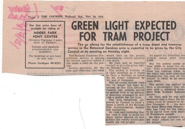 Newspaper, The Courier Ballarat, "Green Light Expected for Tram Project", 20/11/1971 12:00:00 AM