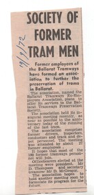 Newspaper, The Courier Ballarat, "Society of Former Tram Men", 19/09/1972 12:00:00 AM